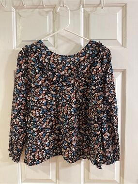 Madewell Navy Floral Ruffle Yoke Long-Sleeve Blouse